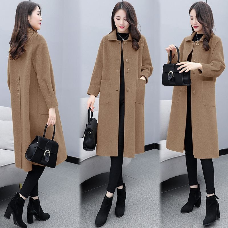 Mid-length autumn and winter over-the-knee trend wild woolen coat women's white woolen coat