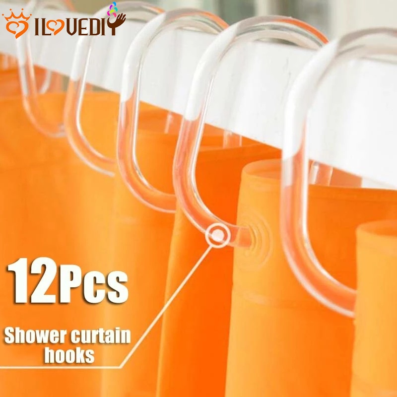 [12 Pcs/Box Shower Curtain Rod Clear Ring Hooks] [Plastic Cshaped