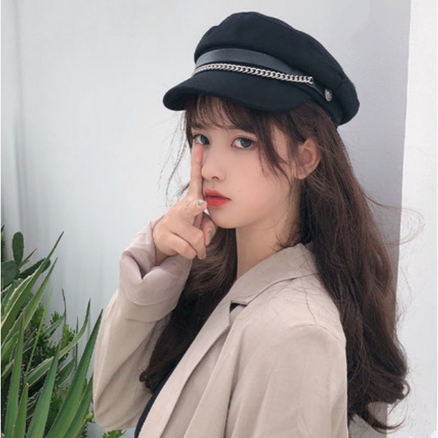 New Beret Metal Octagonal Hat Korean Female English Fashion Chain Army 