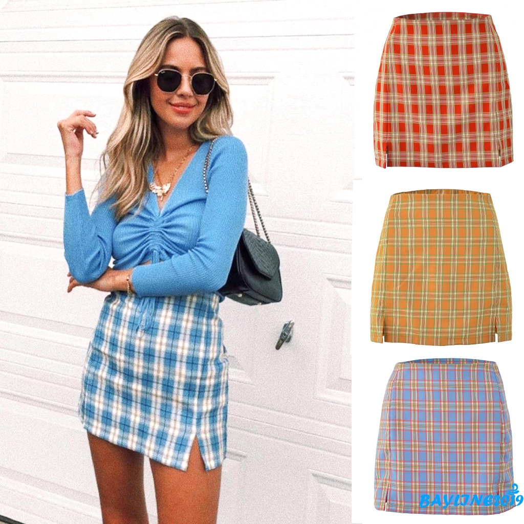 BAY Women s Summer Plaid Skirt Zipper Back High Waist Bodycon Split Mini A Line Skirt Shopee Philippines