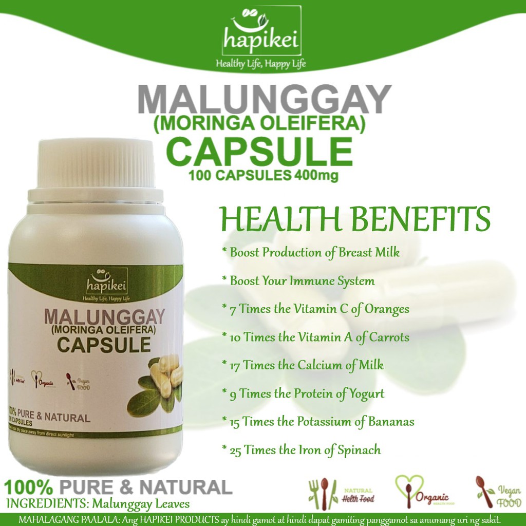 HAPIKEI MALUNGGAY (MORINGA) CAPSULE 100 capsules PURE NATURAL AUTHENTIC Shopee Philippines