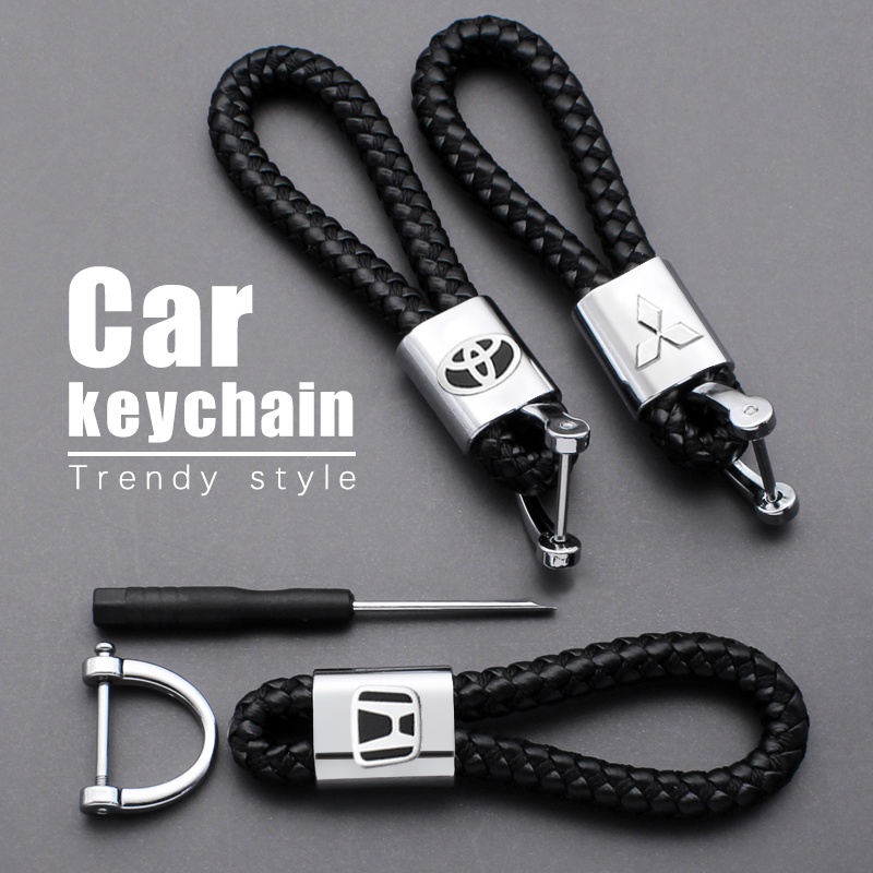 Car Logo Keychain Metal Leather Braided Woven Rope Keychain Universal ...