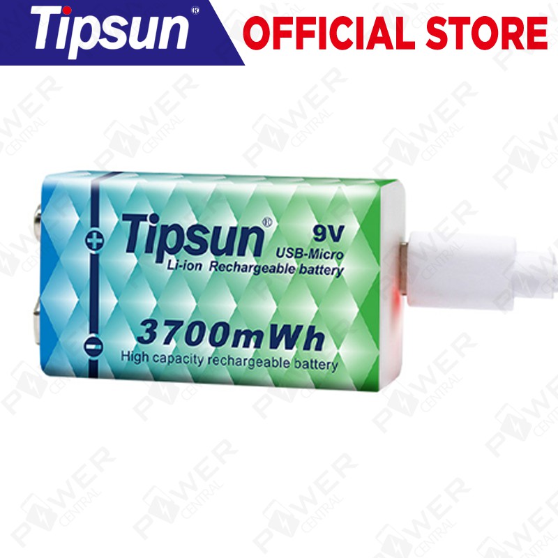 Tipsun 9V Rechargeable Battery, 3700mWh Li-ion 9 Volt USB Battery with ...