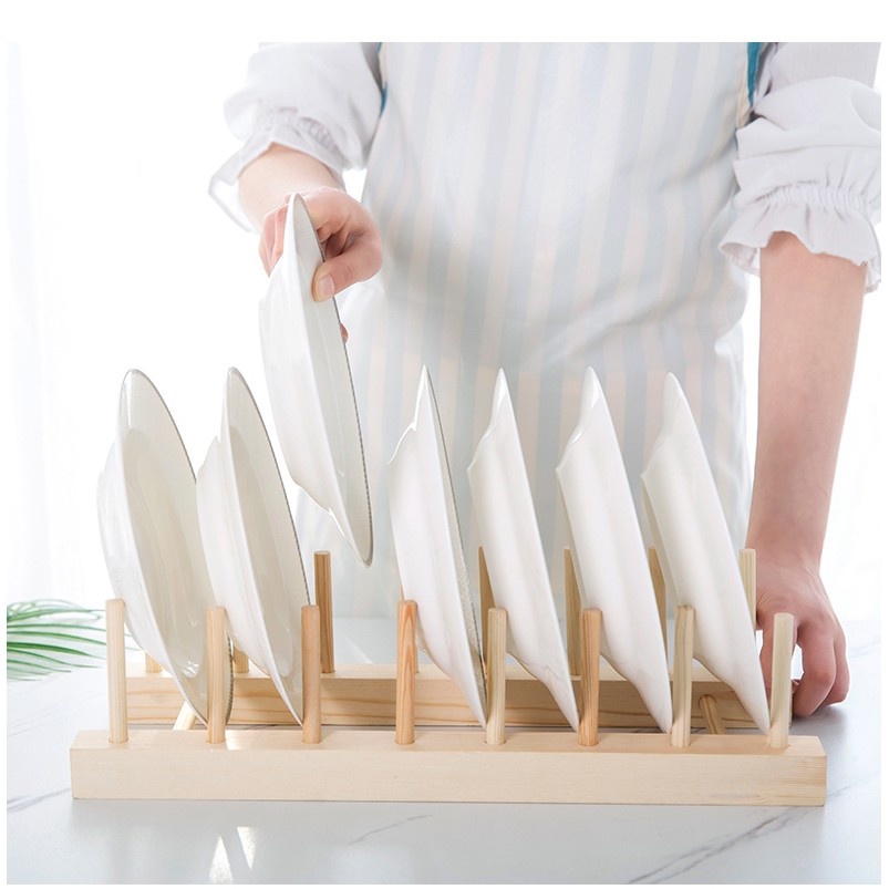 Bamboo Wooden Plate Organizer dish Mugs cup bowl plate Display Drain