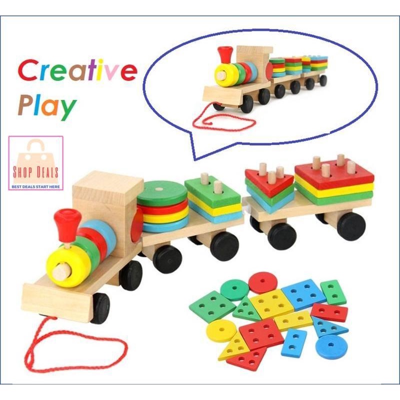 Wooden Walking Train Stacking Geometry Shape Block Kids Montessori ...