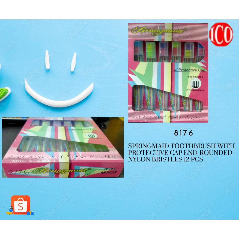 Springmaid Toothbrush With Protective Cap End-Rounded Nylon Bristles 12 ...