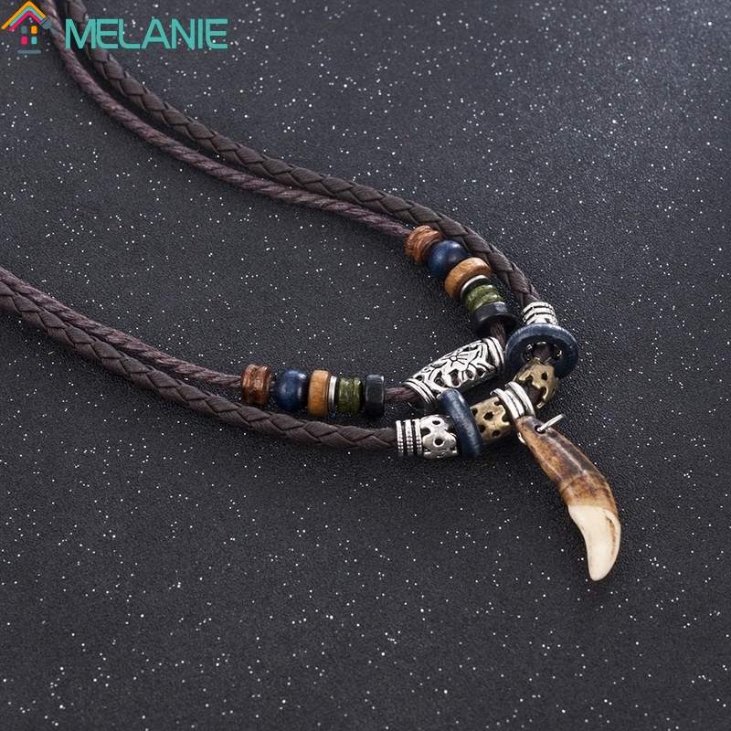 Men Bohemian Wolf Tooth Pendant Necklace / Woven Necklace with Leather ...