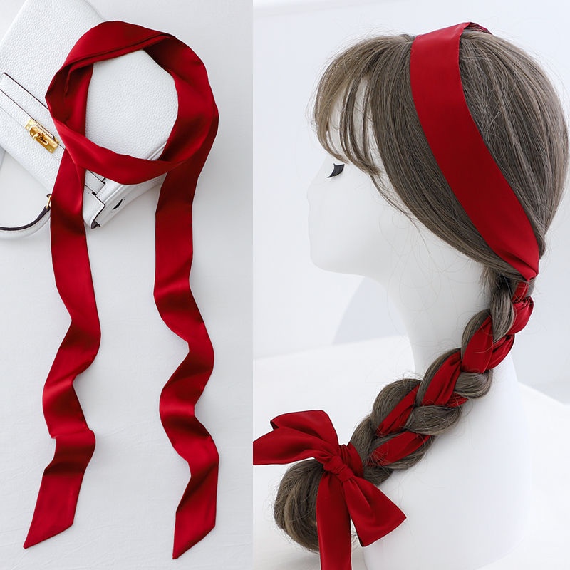 Wine red long small silk scarf female summer head braided hairband tied ...
