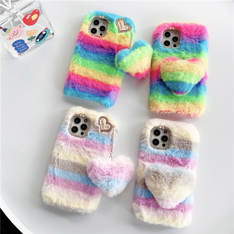 Fluffy Cute Plush Fur Soft Rainbow Phone Cases For OPPO Realme C25 C21 ...