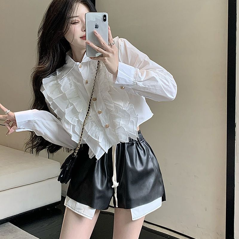 Korean Style Short-Sleeved Cropped Top Chic Design Ruffled Short  Long-Sleeved Shirt+pu Leather Black White Color-Blocking Drawstring Shorts  Fashion