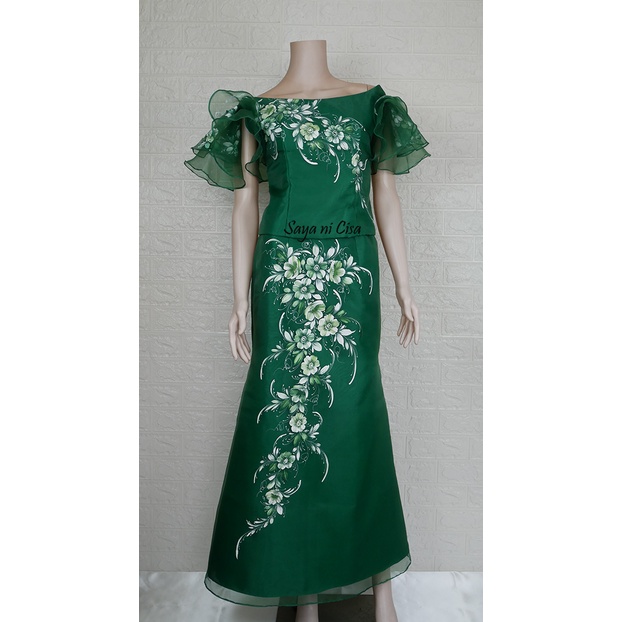 Filipiniana Flare Sleeve Blouse and Skirt Dress Emerald Green Shopee Philippines