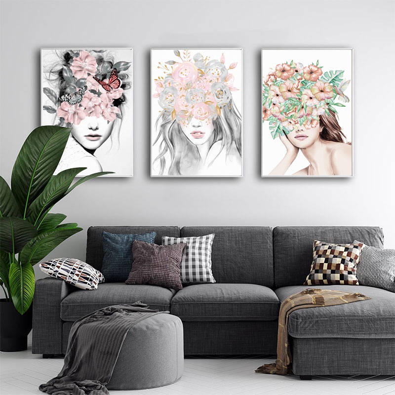 Nordic Abstract Canvas Painting Fower Girl Fashion Posters and Prringt ...