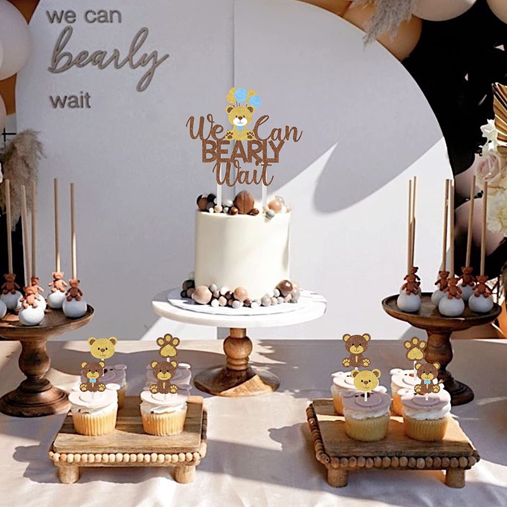 FANGLELAND 25PCS We Can Bearly Wait Baby Shower Cake Topper with Bear ...
