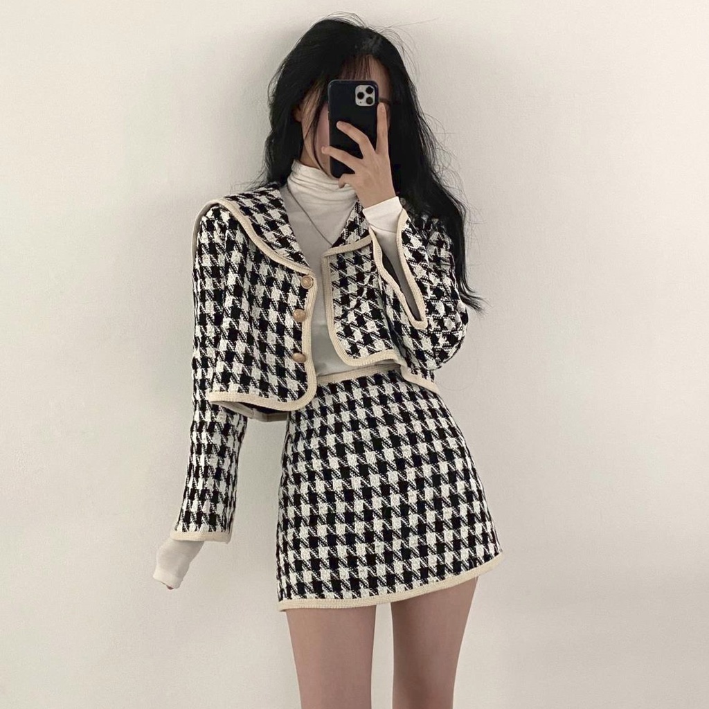 Korean Retro Style Ladies Houndstooth Jacket Coat Top Mini Skirt  Two-piece Set