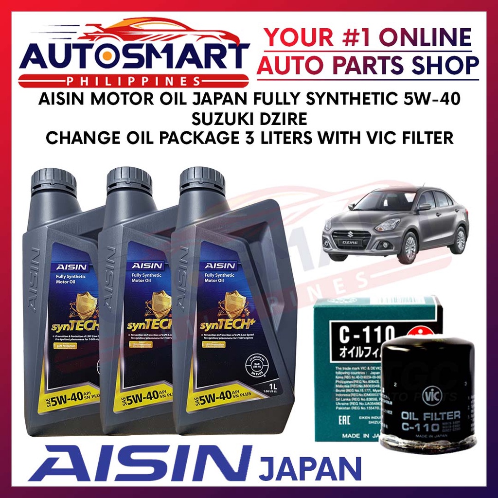 Aisin Fully Synthetic 5W40 Suzuki Dzire 3 Liters Change Oil Package with Vic Filter sjvK