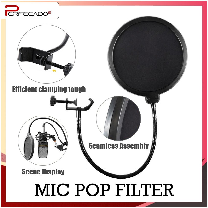 Microphone Pop Filter Dual Layer Mic Pop Shield with Clip Stabilizing ...