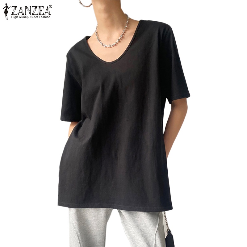 Zanzea Women Korean Casual Round Neck Short Sleeve Side Slit T Shirt Shopee Philippines