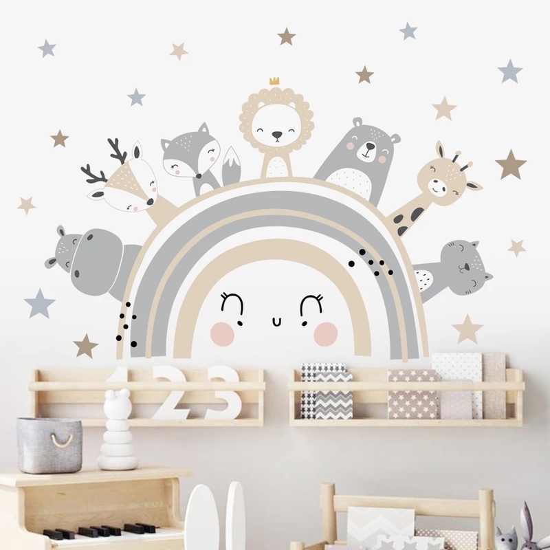 Cute Cartoon Animals Rainbow Star Wall Stickers for Kids Rooms ...