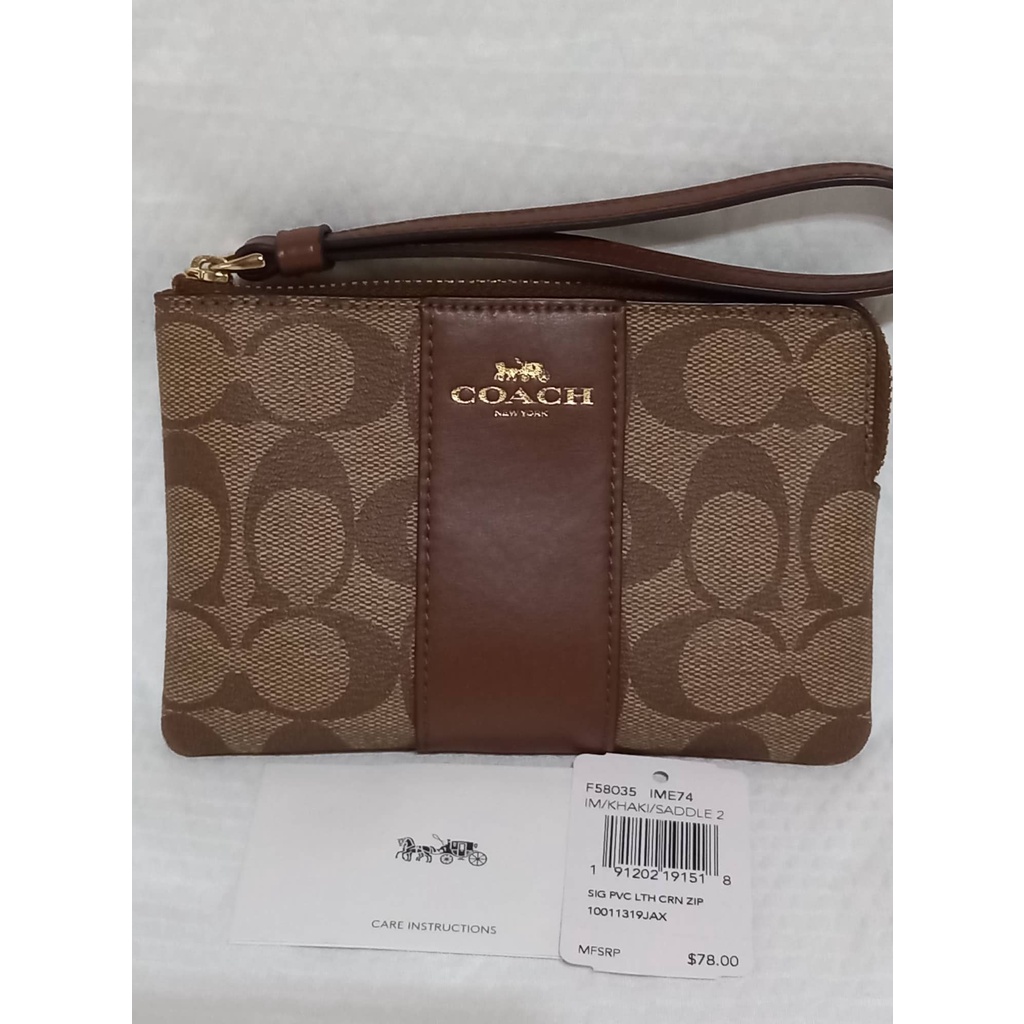 Guaranteed Original Coach Corner Zip Wristlet In Signature Canvas F58035 -  Brown Black