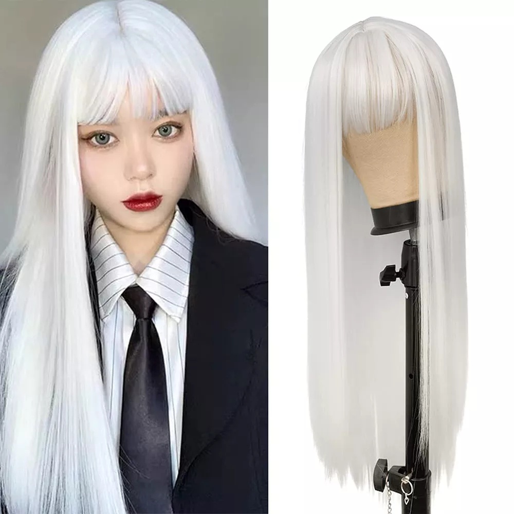 Long white wig no bangs hotsell