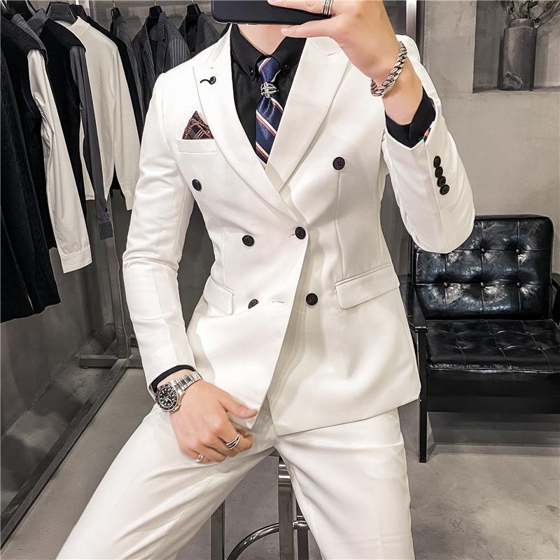 Host Suit Men's Double Breasted White Suit Korean Slim Dress Wedding ...