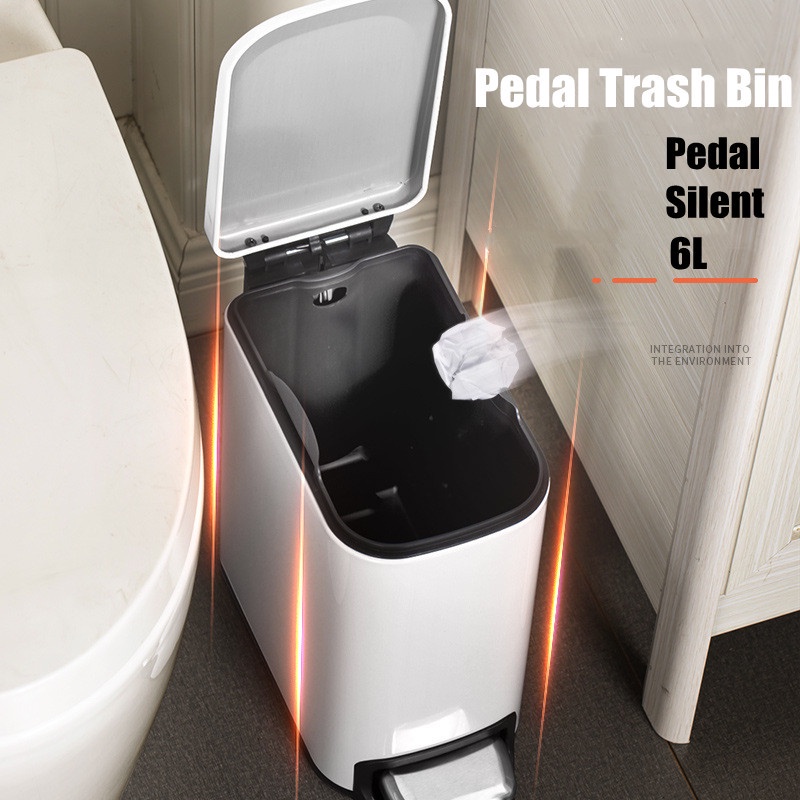 ♨6L Household Pedal Trash Bin Bathroom Stainless Steel Silent Step Bin