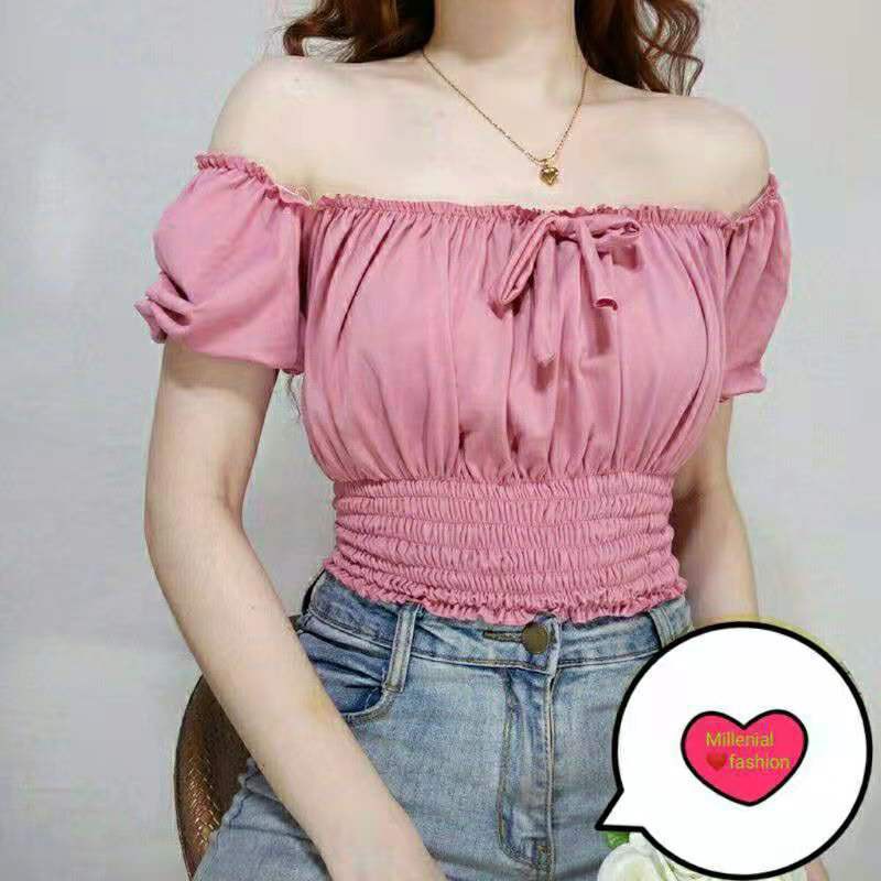 Garter Plain Smocked Off Shoulder Top | Shopee Philippines