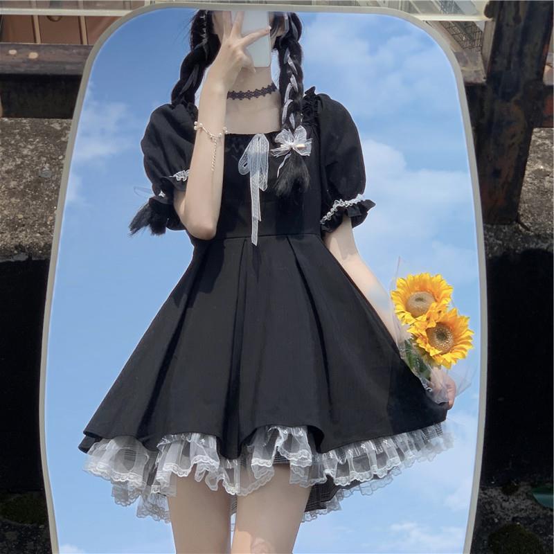 Summer Sweet Student Lolita Cute Sweet and Spicy Lace Puff Sleeve Black