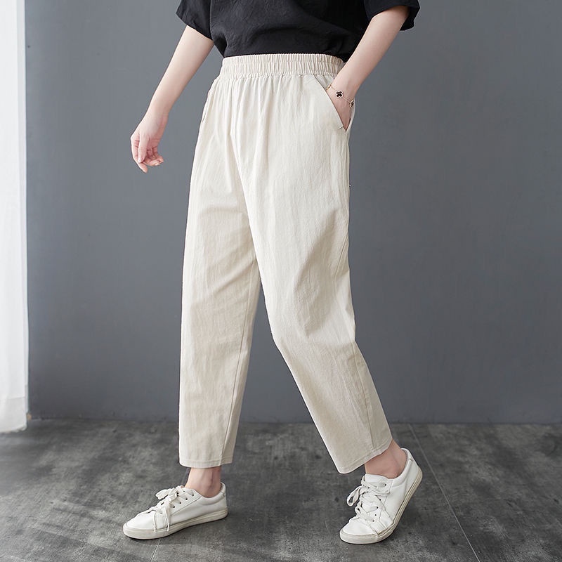 Plus Size Cotton and Linen Pants Women's Retro High Waist Loose Casual ...