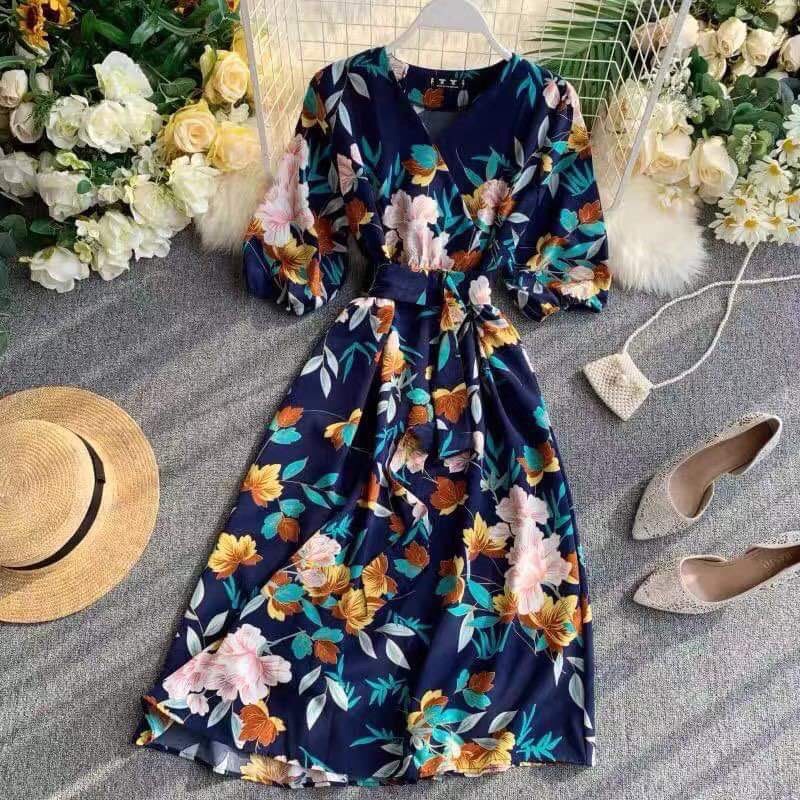 Fashion casual Floral Dress with belt | Shopee Philippines