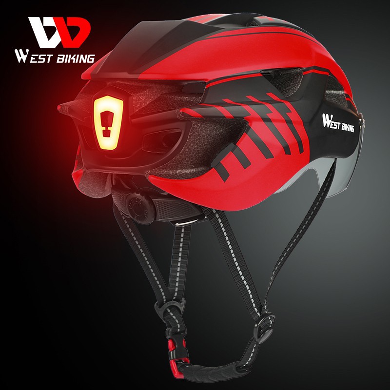 【Free Balaclava】WEST BIKING Outdoor Road Mountain Bike Helmet with Rear  Light In-mold Riding Cycling Helmet with Visor TT Lens Sports Mtb Bicycle