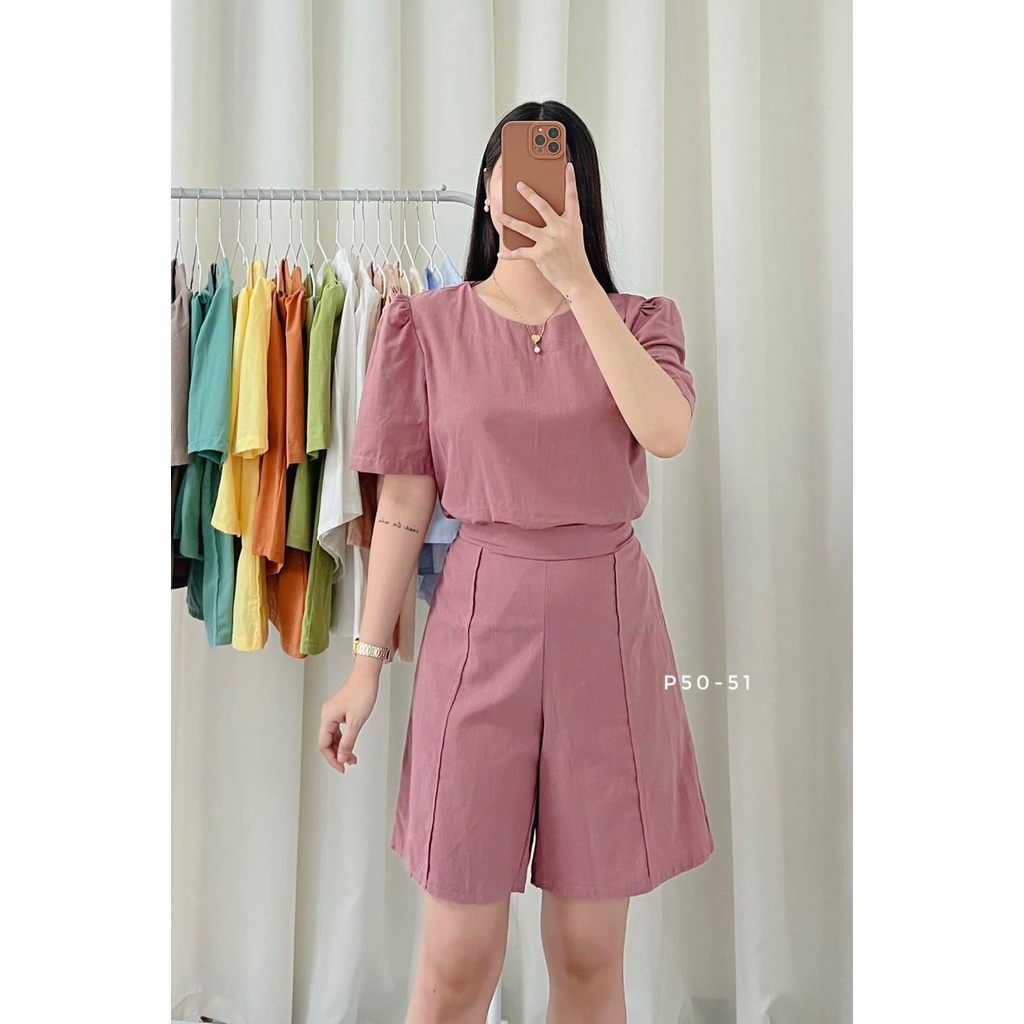 Cotton Linen Puff Sleeve Top Long Short Terno | Shopee Philippines