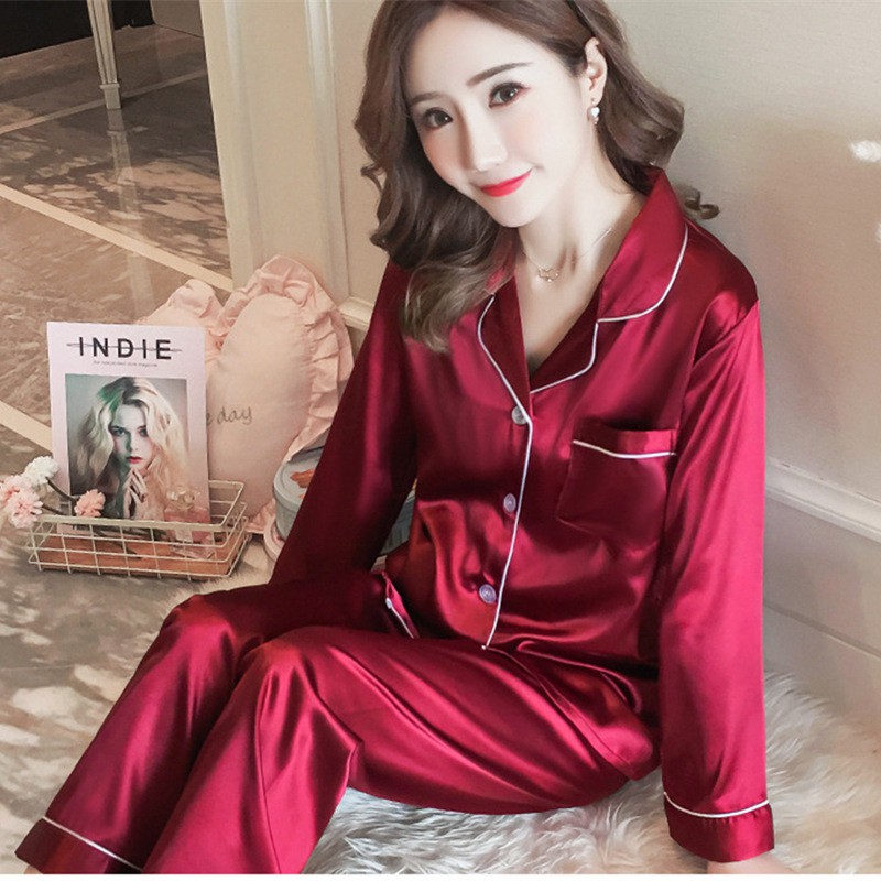 Plus Size Women Silk Pajamas Set Long Sleeves Sleepwear Leisure Wear Nightwear Home Clothes Korean F