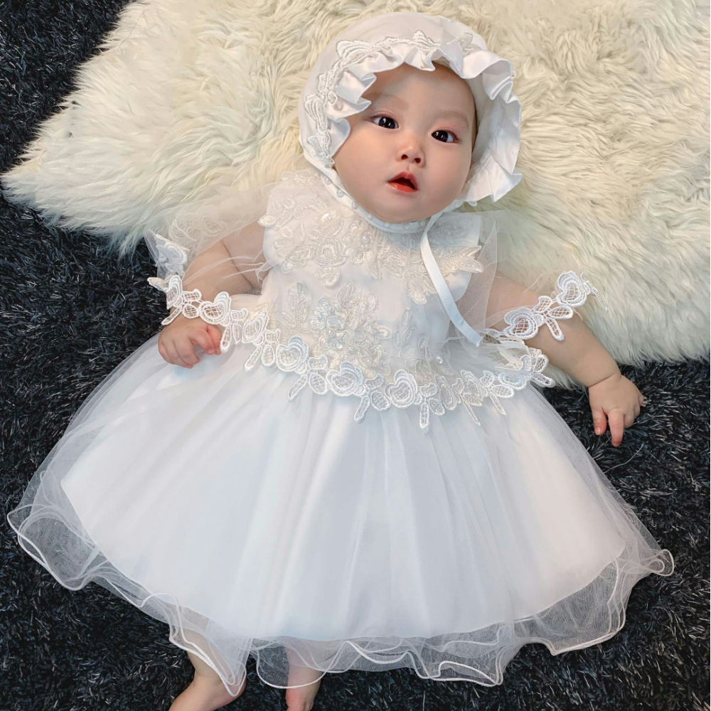 White 3pcs set Princess Baby Dress + hat cap + cape for Girl Baptism
