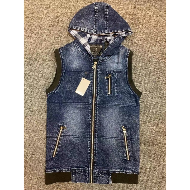 Men hooded denim vest best sale