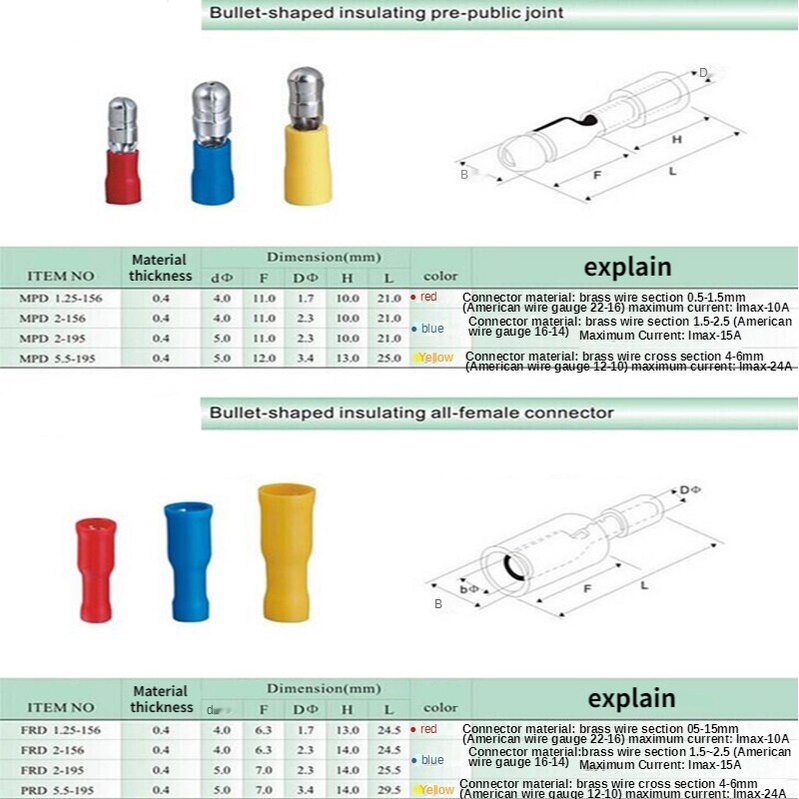 50 Pairs FRD/MPD Series Bullet Insulated Connector Crimp Terminals ...