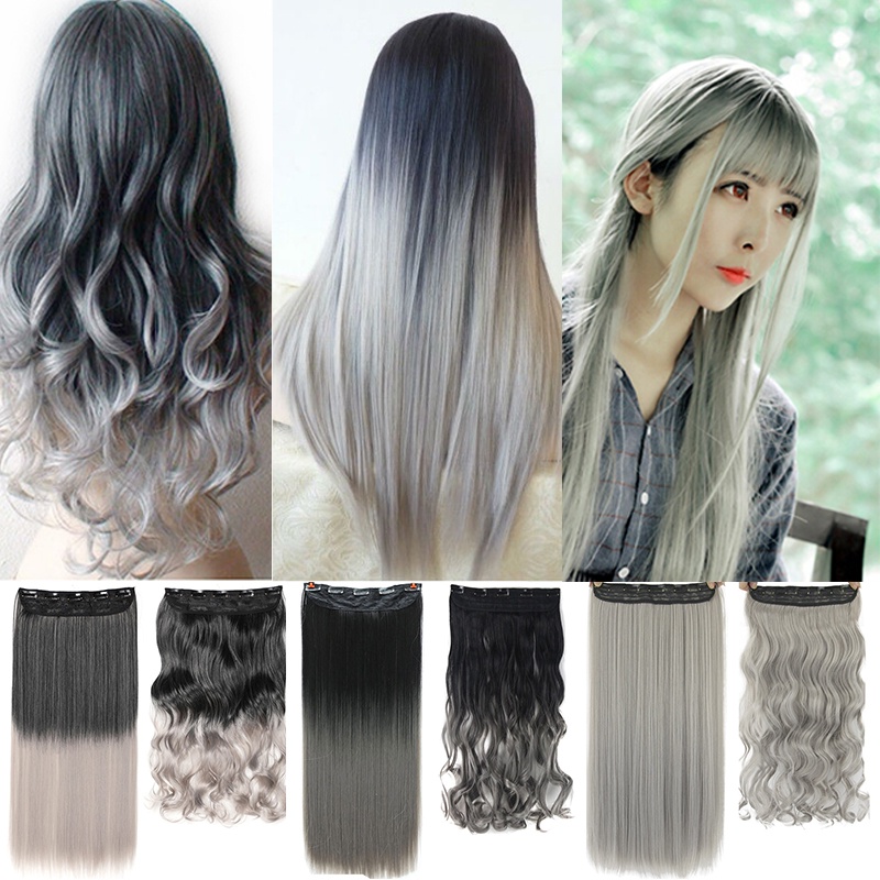 Long Straight / Curly Hair Extension Black To Gray Hair-Pieces Clipp In ...