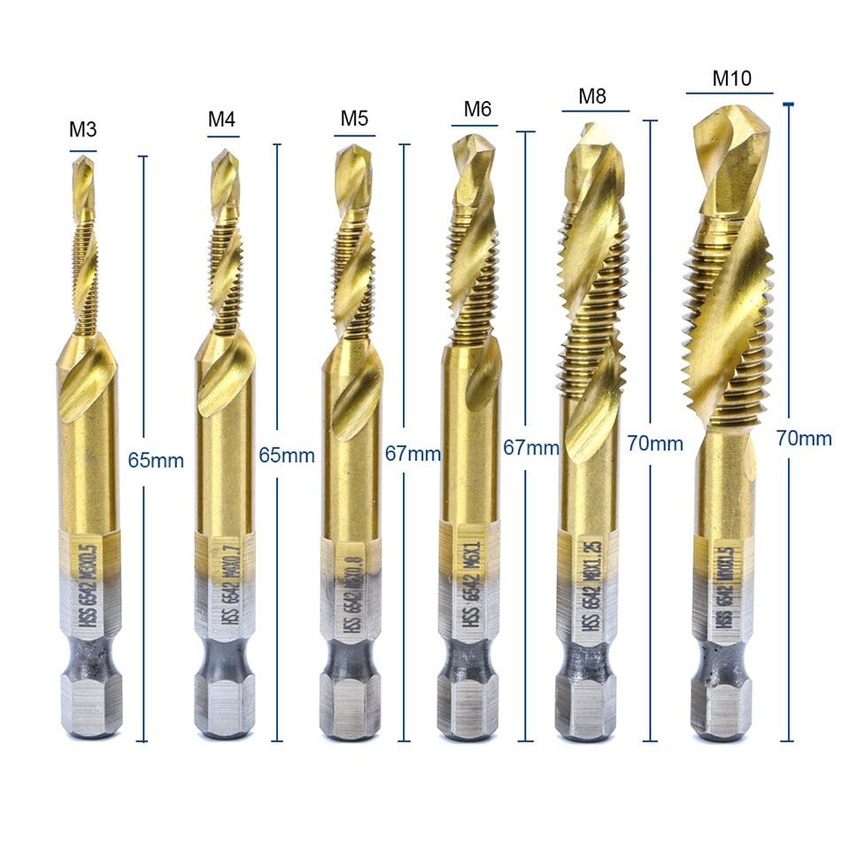 6Pcs/Set Hex Shank Metric Thread Tap Drill Bit Set M3 M4 M5 M6 M7 M8