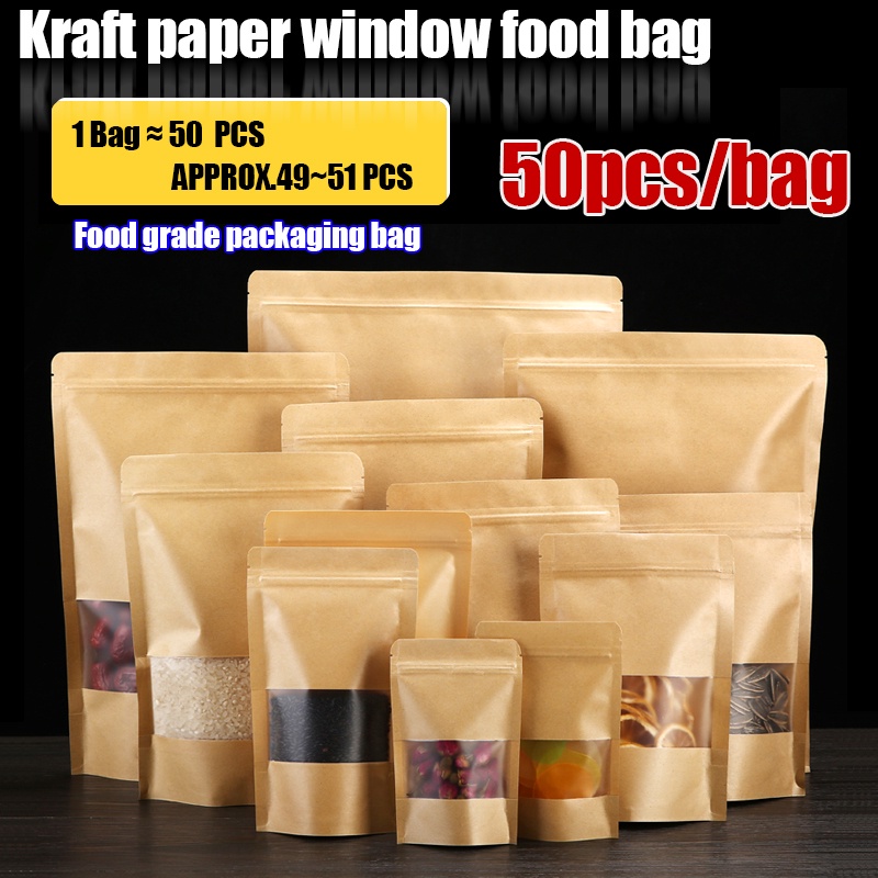 50pcs Brown Kraft Stand Up Pouch Plastic Paper Bag Packaging With ...