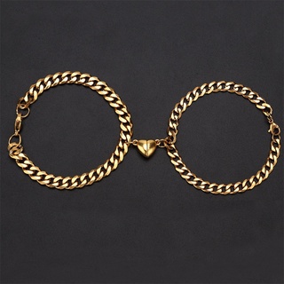 ▽▫❄seng Titanium Steel Couple Bracelet Gold Heart-Shaped Magnet