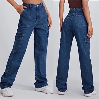 Unisex Multi Pocket CARGO WIDE LEG PANTS Loose High Waist Boyfriend Jeans  Ladies Straight Pants