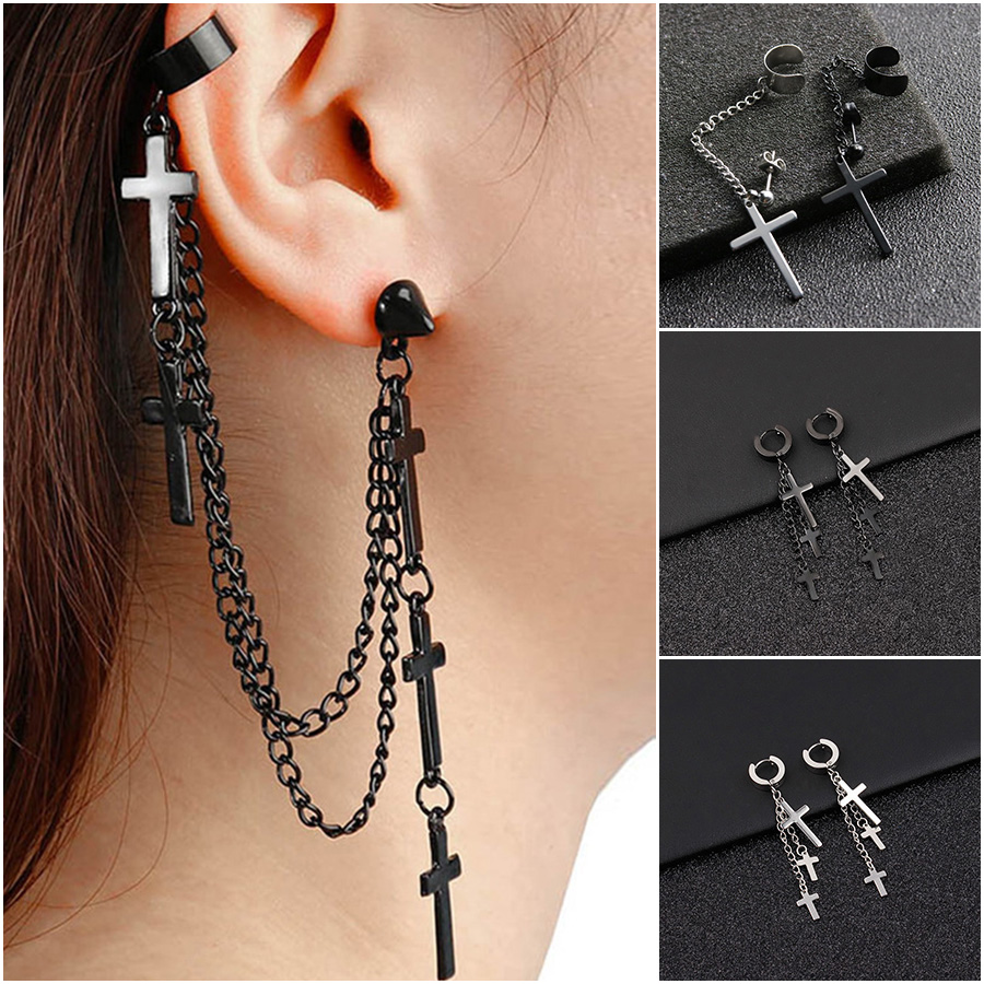 Punk Cross Clip Cross Earrings Men Cuff With Tassel Pendant