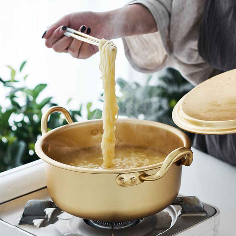 Samusagya Stainless Steel Kadai Brass Noodle Pot For Cooking With Double Handles, Hammered Men Pot, Korean Ramen Cooking Pot For Kitchen, Nonstick