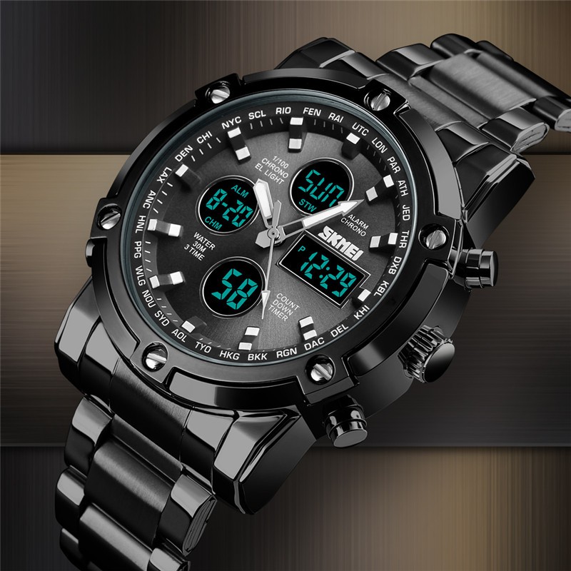 SKMEI Steel Waterproof Analog Digital Men Watch Dual Time