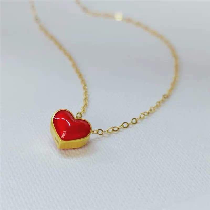 24K Hong Kong Gold Red Heart Pendant with 18K Saudi Gold Necklace ...