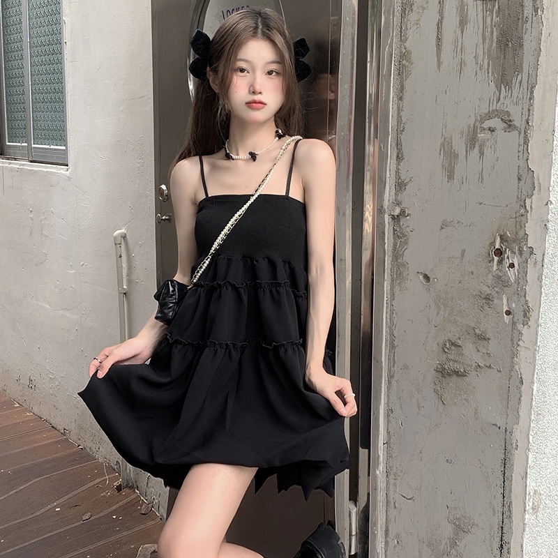 New Puffy Sling Design Sense Temperament Black Dress 2 Colors