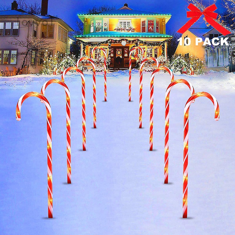 10Pcs Solar Power Christmas Candy Cane Lights Outdoor Warm LED Home ...
