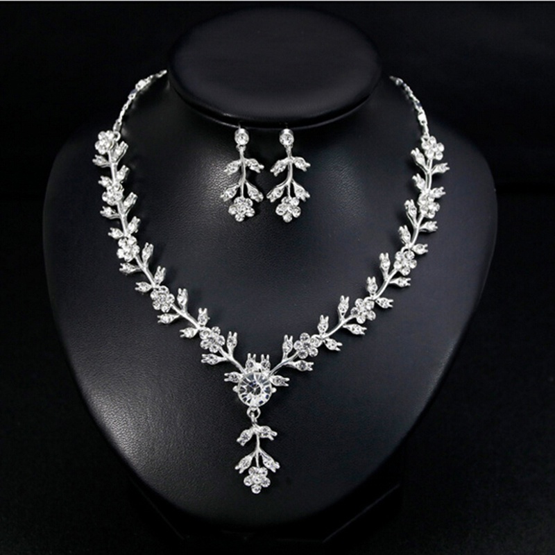 FOPH Fashion Crystal Necklace Earrings Silver Plated Jewelry Set for
