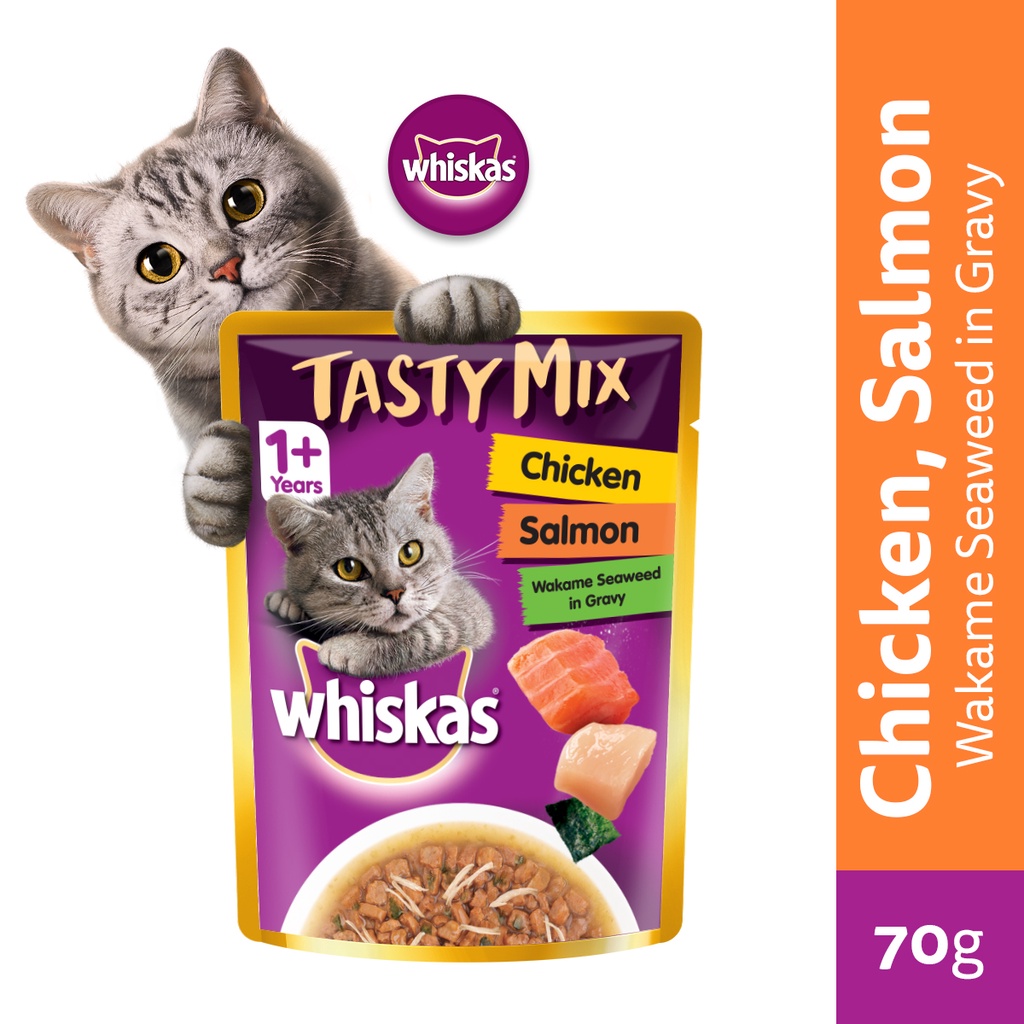 WHISKAS Tasty Mix Cat Food Wet Chicken Salmon Wakame Seaweed in Gravy