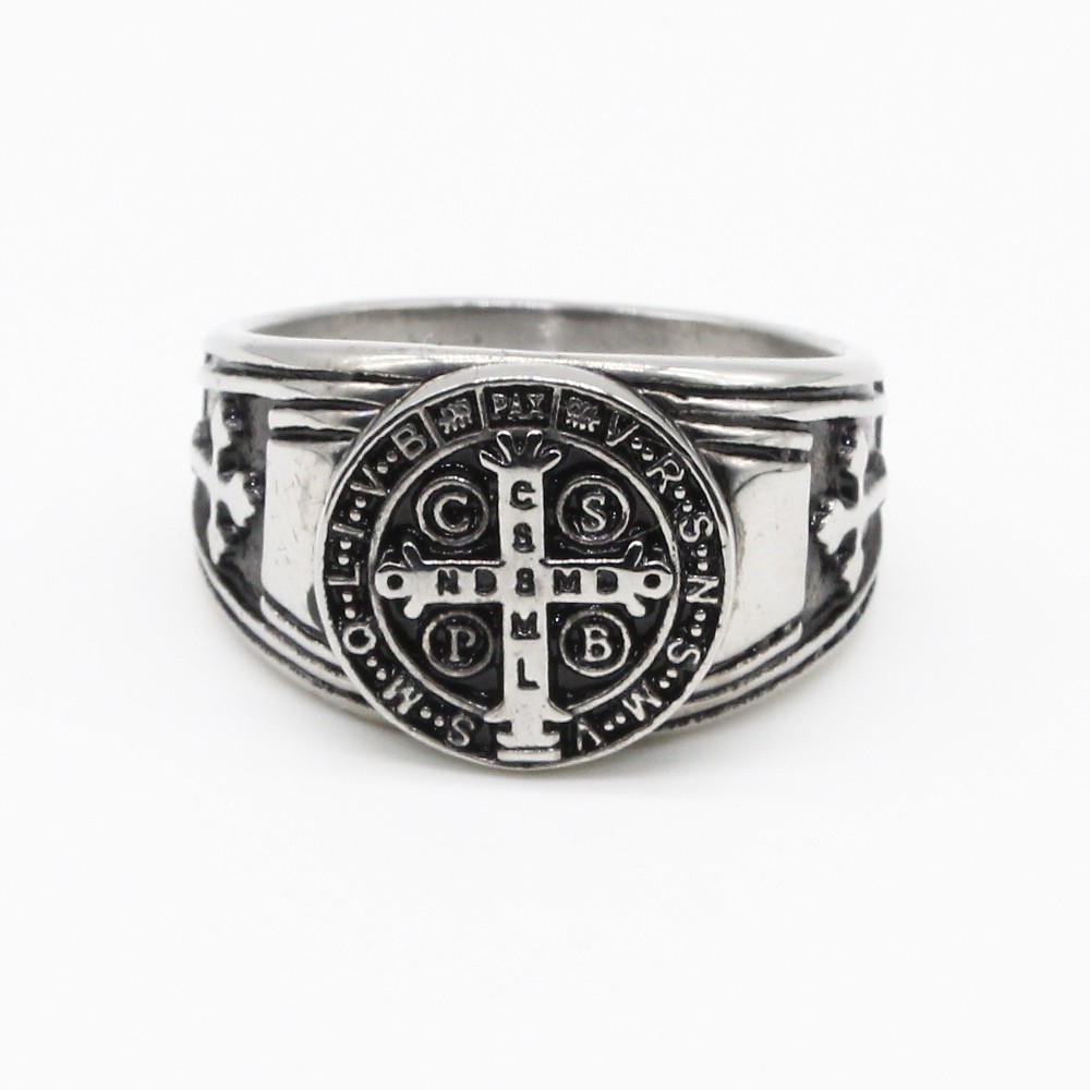 Benedictine Stainless Steel Catholic Ring - St Benedict - with Clear ...